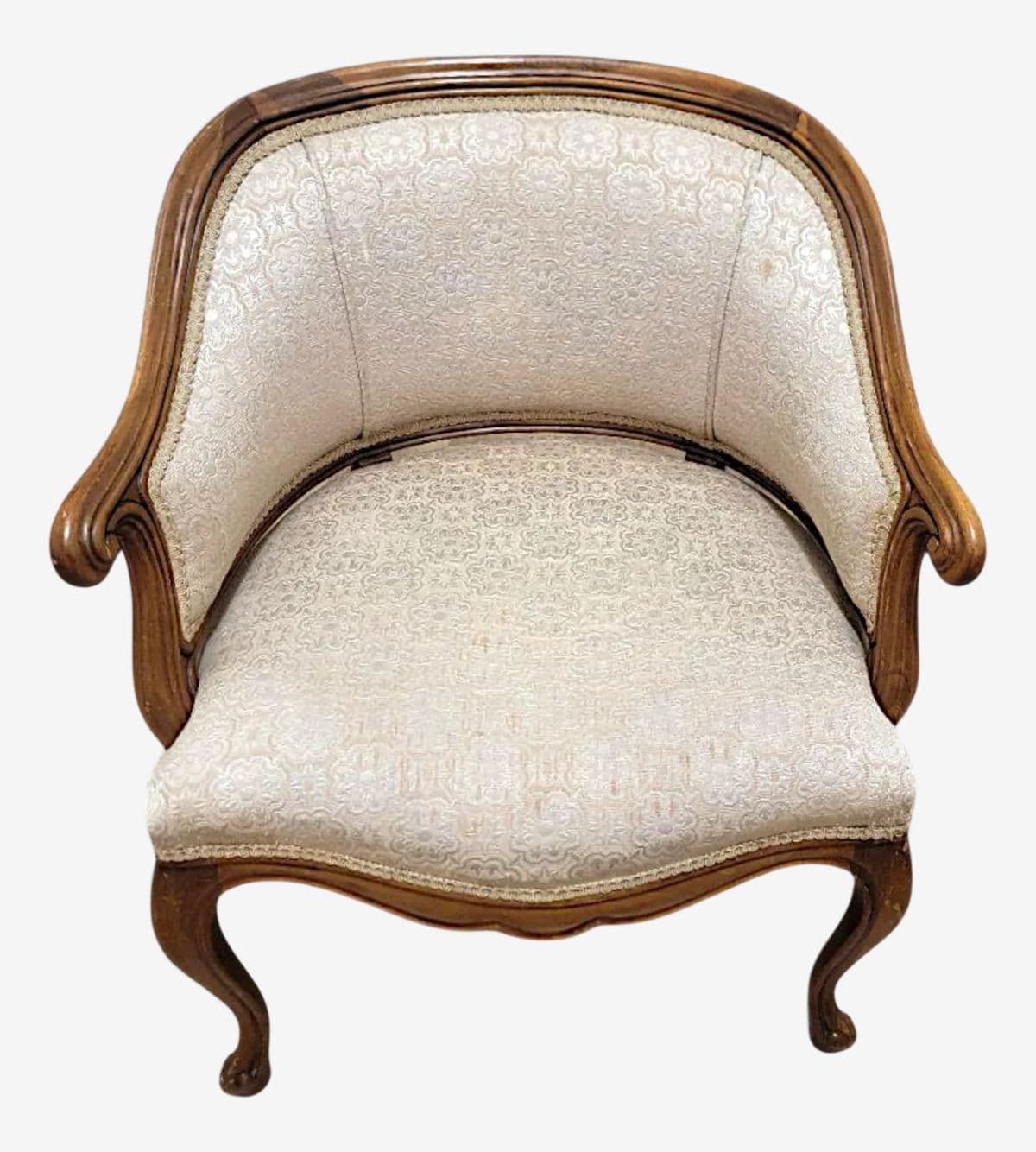 Mid Century Provincial Style Walnut Barrel Back Off-White Upholstered Armchair - Image 1