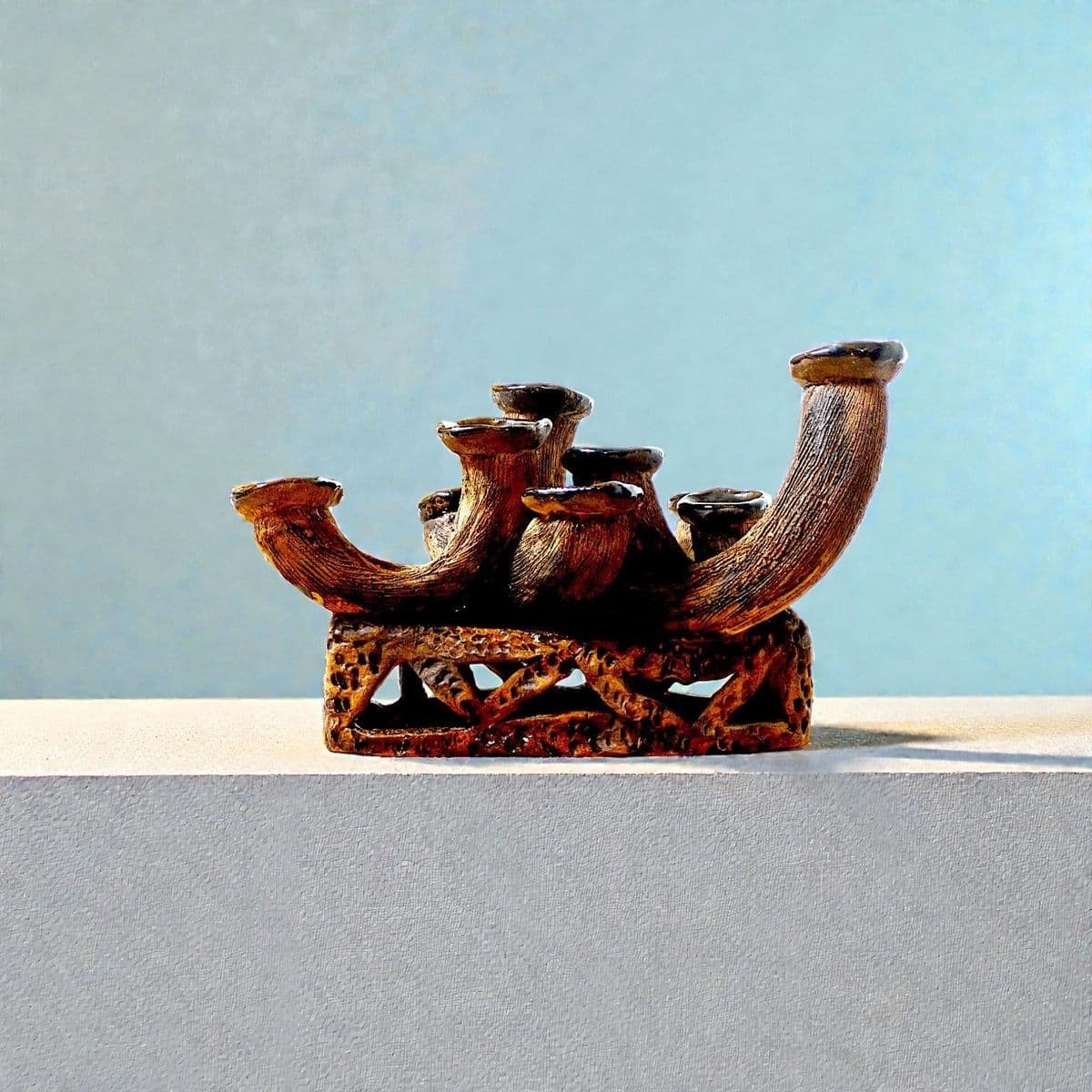 An Anamorphic 1970s Unsigned Brutalist Clay Sculpted Earth-Tone Menorah 9 Stick Candelabra - Thumbnail 5