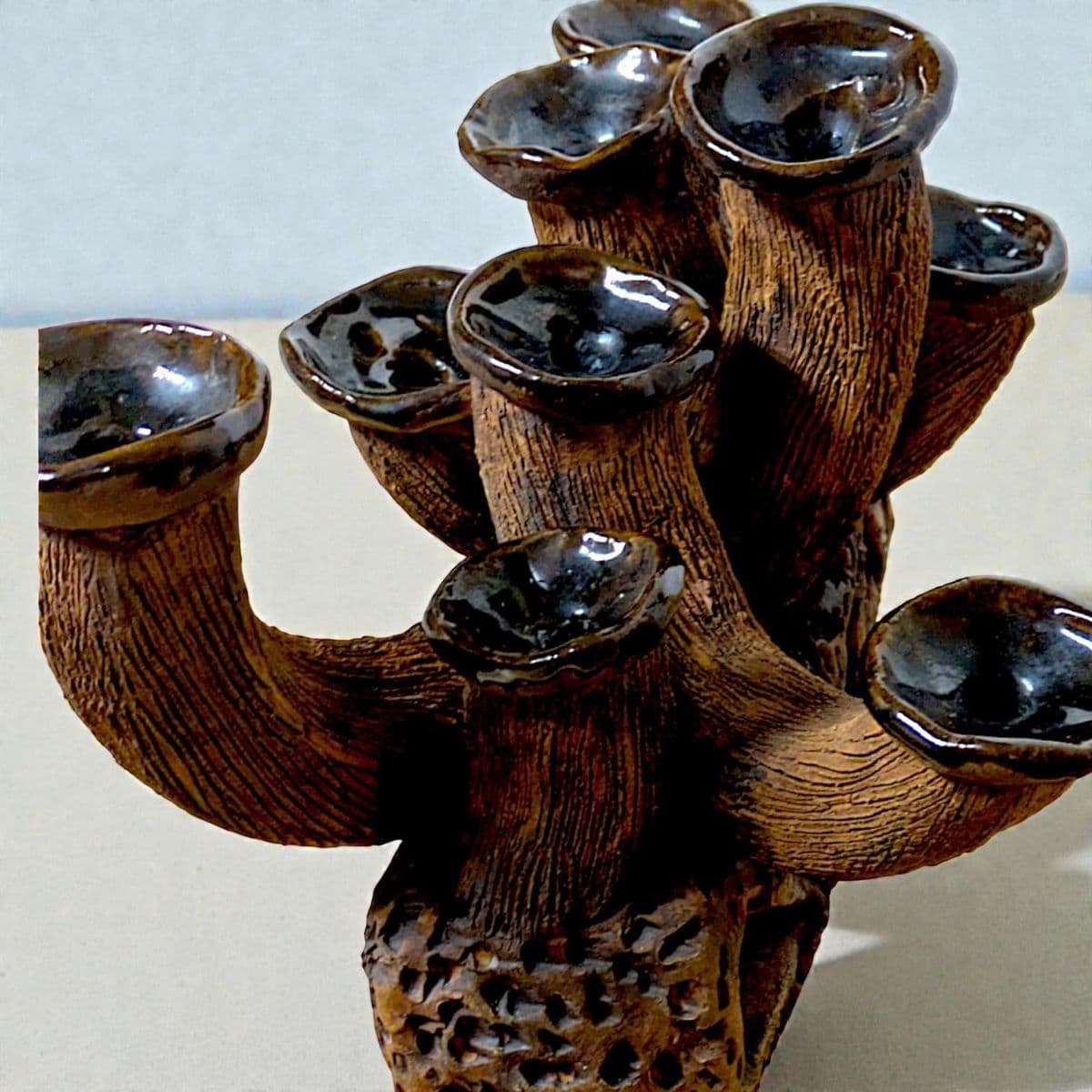 An Anamorphic 1970s Unsigned Brutalist Clay Sculpted Earth-Tone Menorah 9 Stick Candelabra - Thumbnail 9