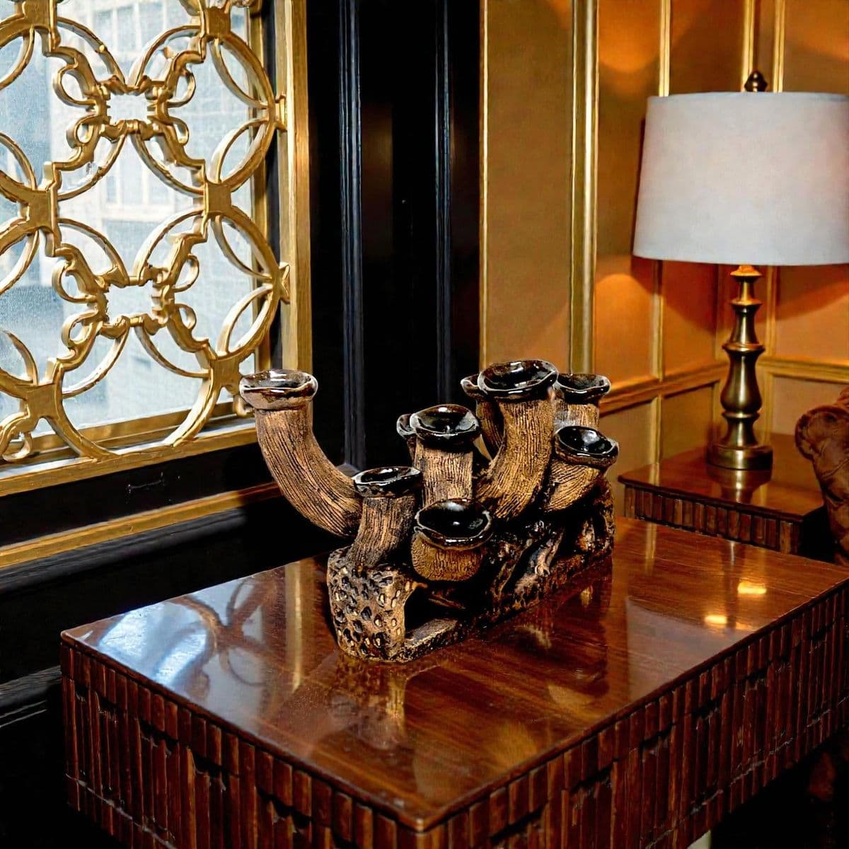 An Anamorphic 1970s Unsigned Brutalist Clay Sculpted Earth-Tone Menorah 9 Stick Candelabra - Thumbnail 6