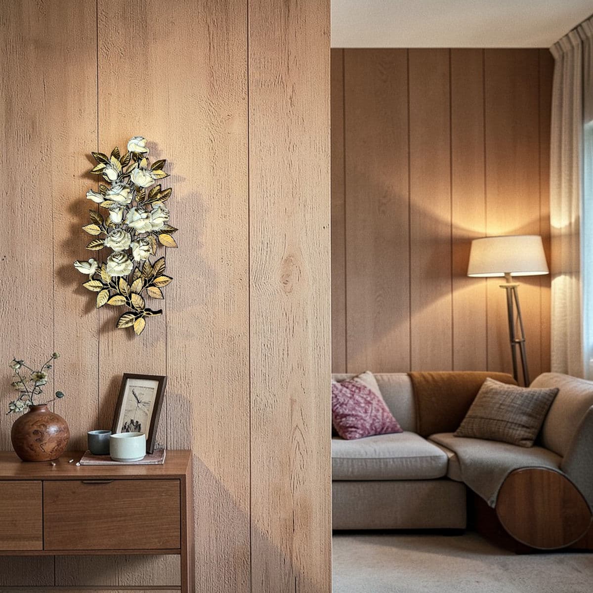 Vintage Mid 20th Century Cream Roses and Gold Leaves Wall Hanging Decor by Homco #7286 - Thumbnail 3