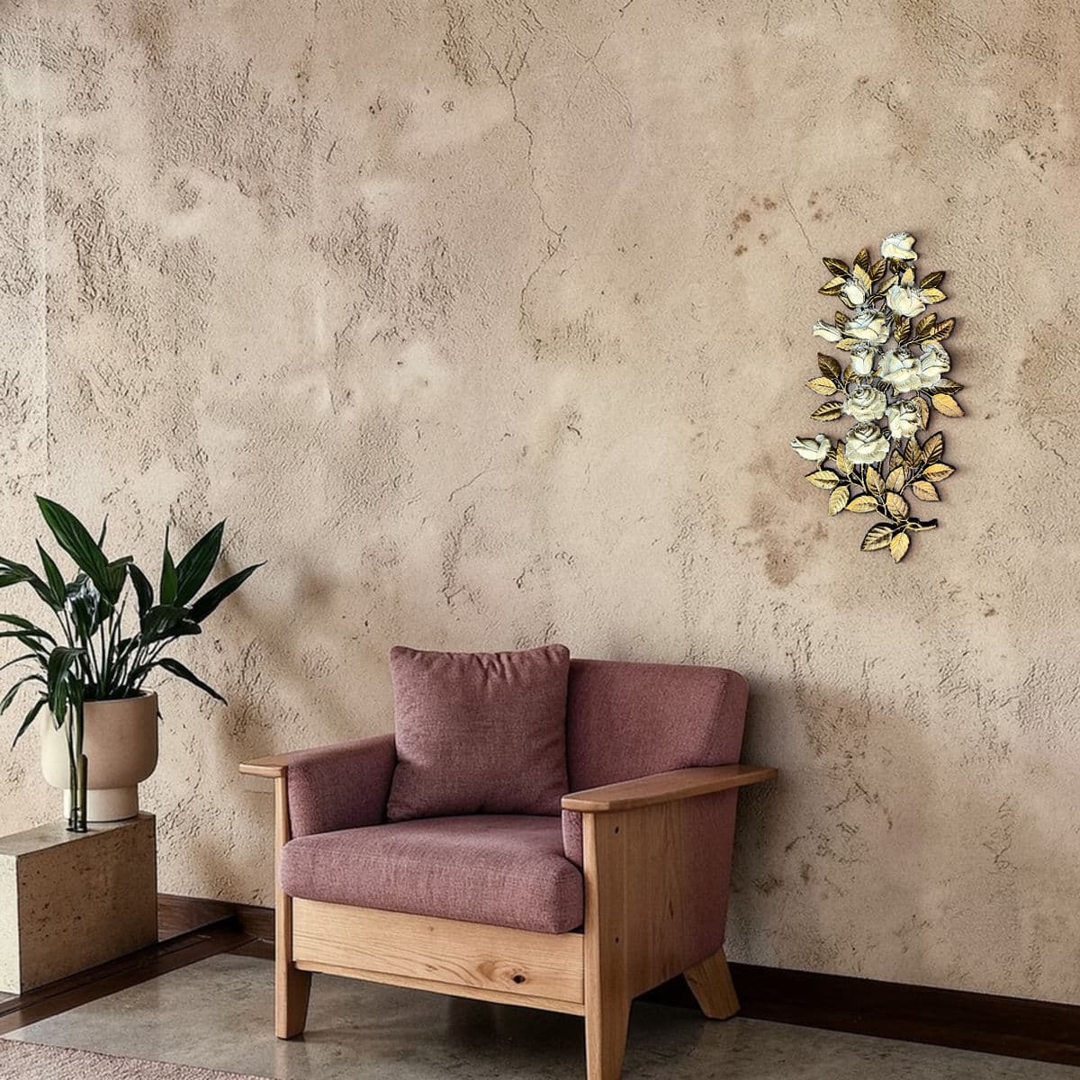 Vintage Mid 20th Century Cream Roses and Gold Leaves Wall Hanging Decor by Homco #7286 - Thumbnail 4