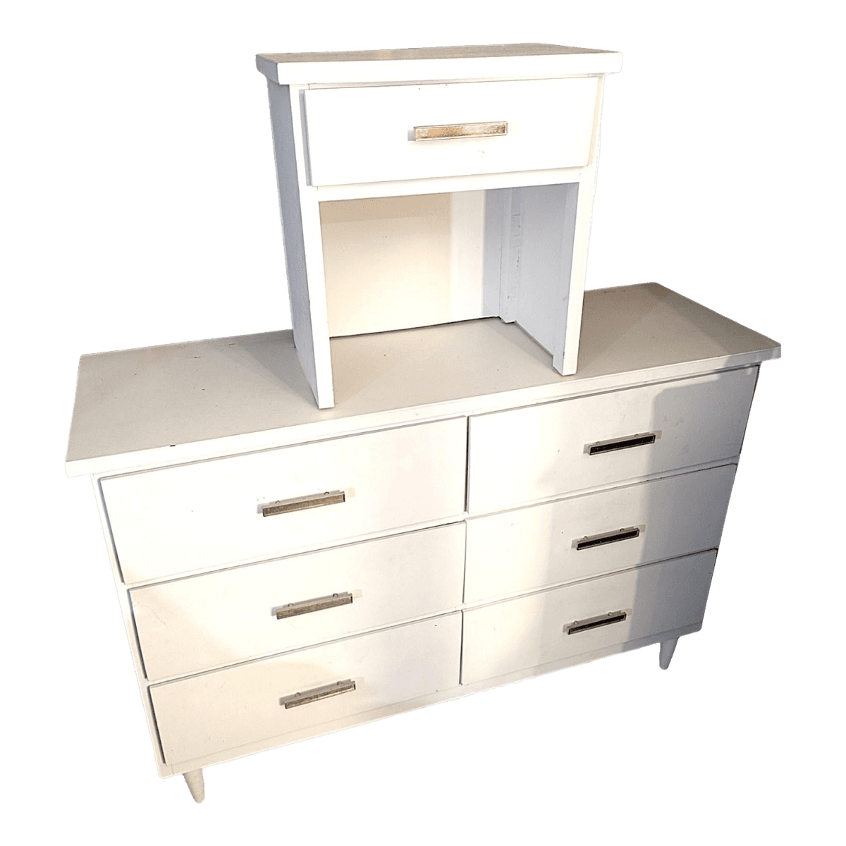 Mid-Century White Painted Wood Dresser & Nightstand Set With Brushed Brass Toned Pulls - Thumbnail 2