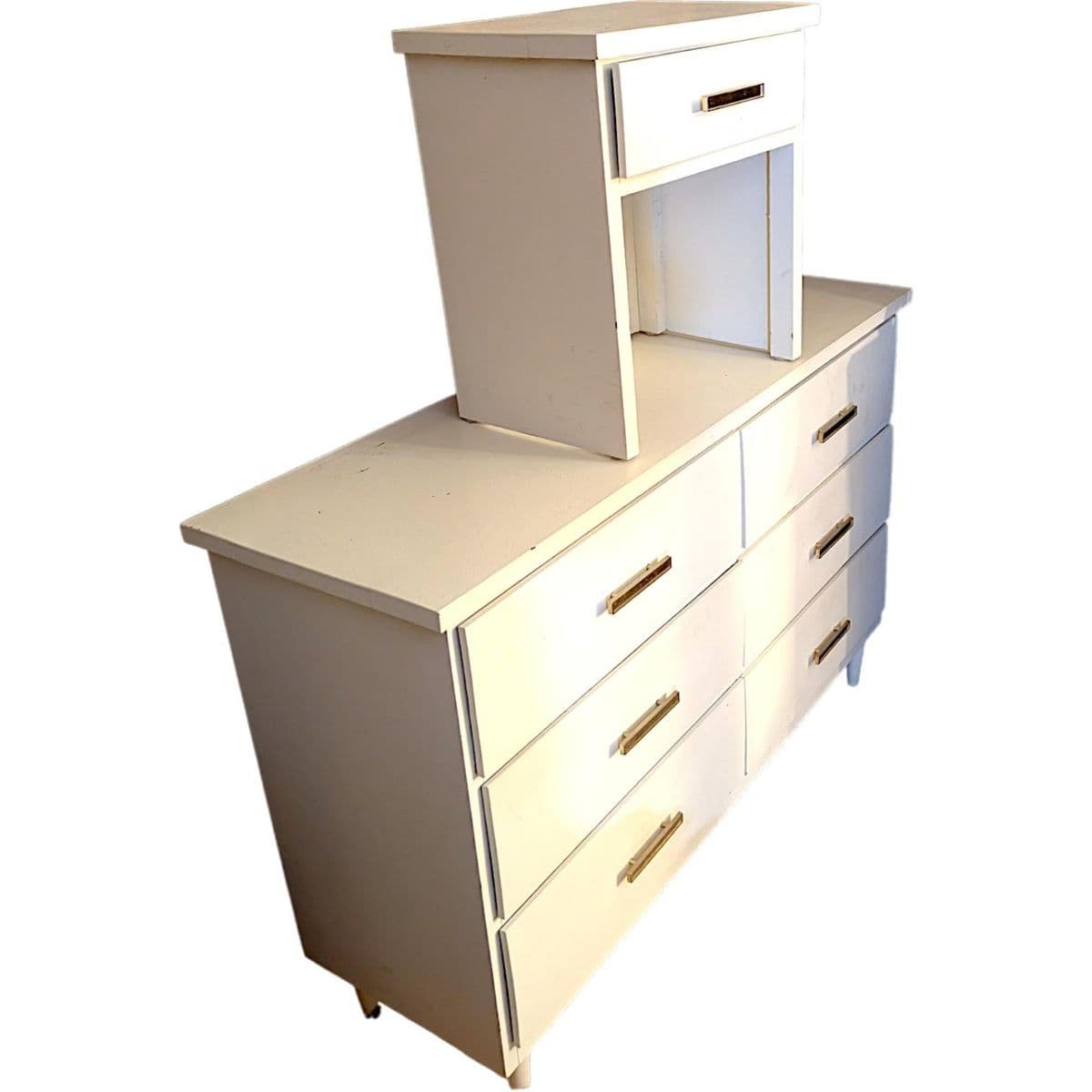 Mid-Century White Painted Wood Dresser & Nightstand Set With Brushed Brass Toned Pulls - Thumbnail 8