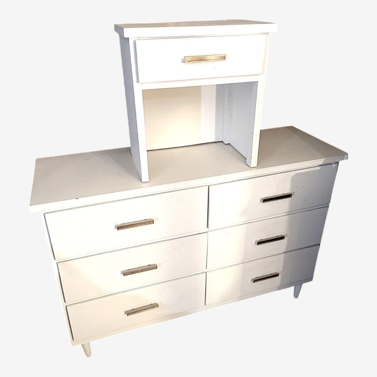 Mid-Century White Painted Wood Dresser & Nightstand Set With Brushed Brass Toned Pulls - Image 1