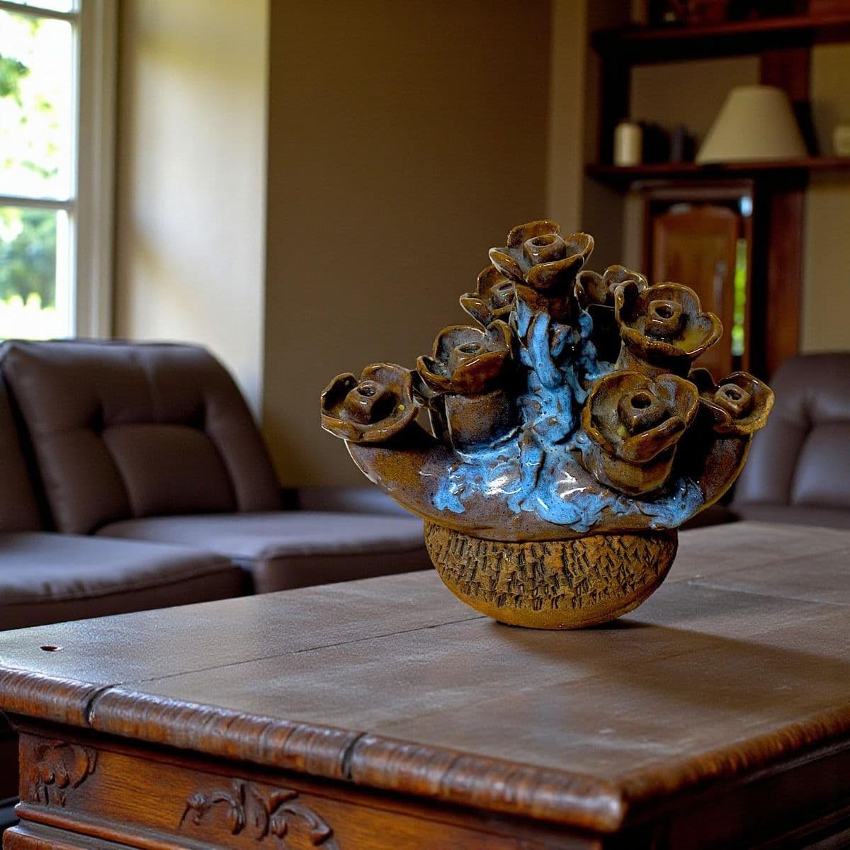 Organic 70s Brutalist Clay Sculpted Earth-Tone and Blue 7 Sprocket Candelabra Style Menorah - Thumbnail 5