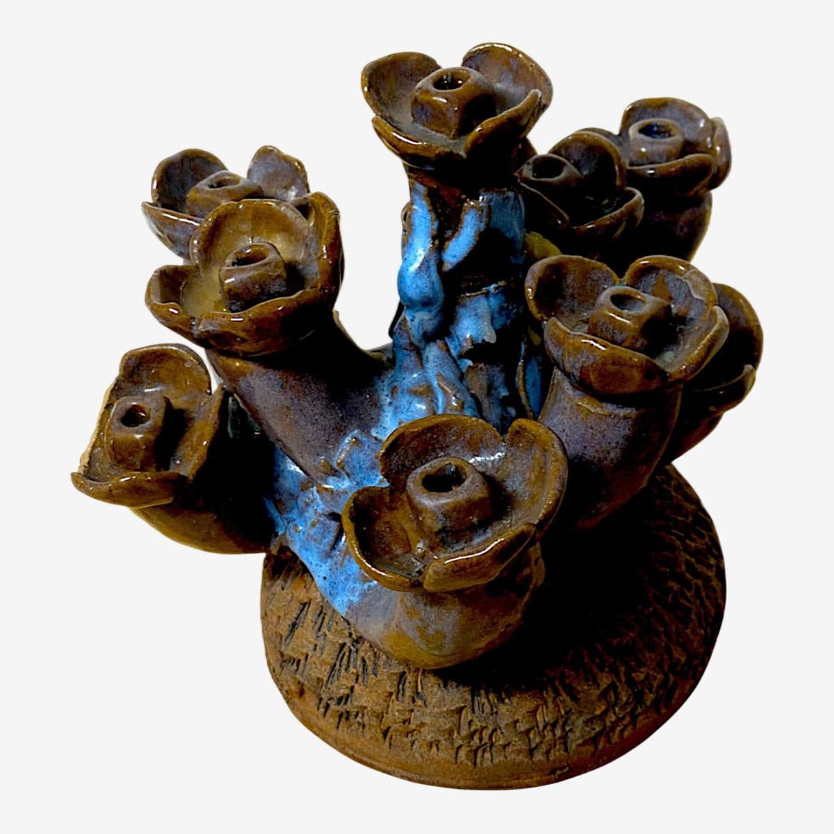 Organic 70s Brutalist Clay Sculpted Earth-Tone and Blue 7 Sprocket Candelabra Style Menorah - Image 1