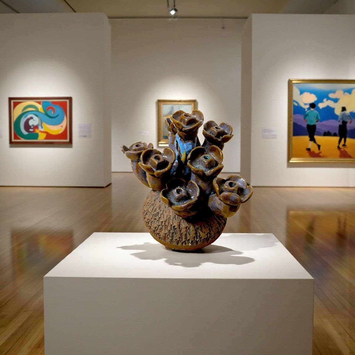 Organic 70s Brutalist Clay Sculpted Earth-Tone and Blue 7 Sprocket Candelabra Style Menorah - Thumbnail 7