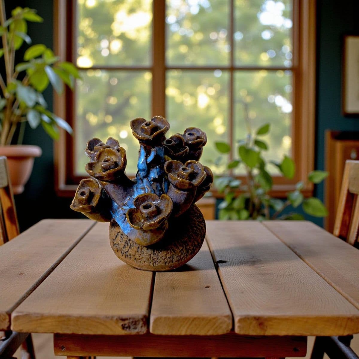 Organic 70s Brutalist Clay Sculpted Earth-Tone and Blue 7 Sprocket Candelabra Style Menorah - Thumbnail 6