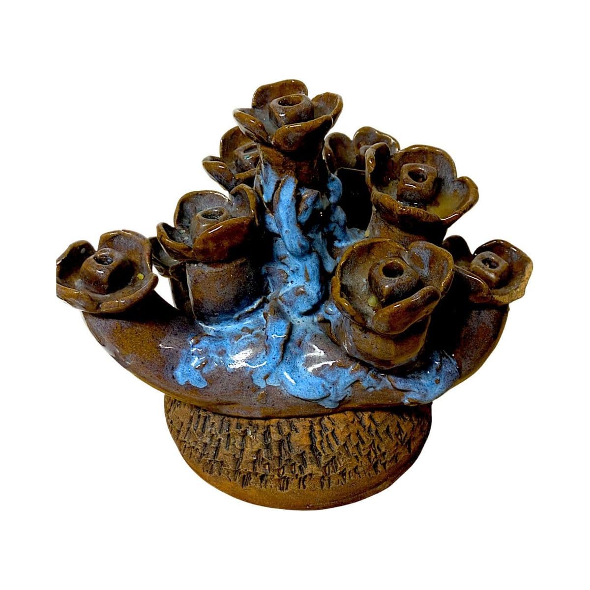 Organic 70s Brutalist Clay Sculpted Earth-Tone and Blue 7 Sprocket Candelabra Style Menorah - Thumbnail 3
