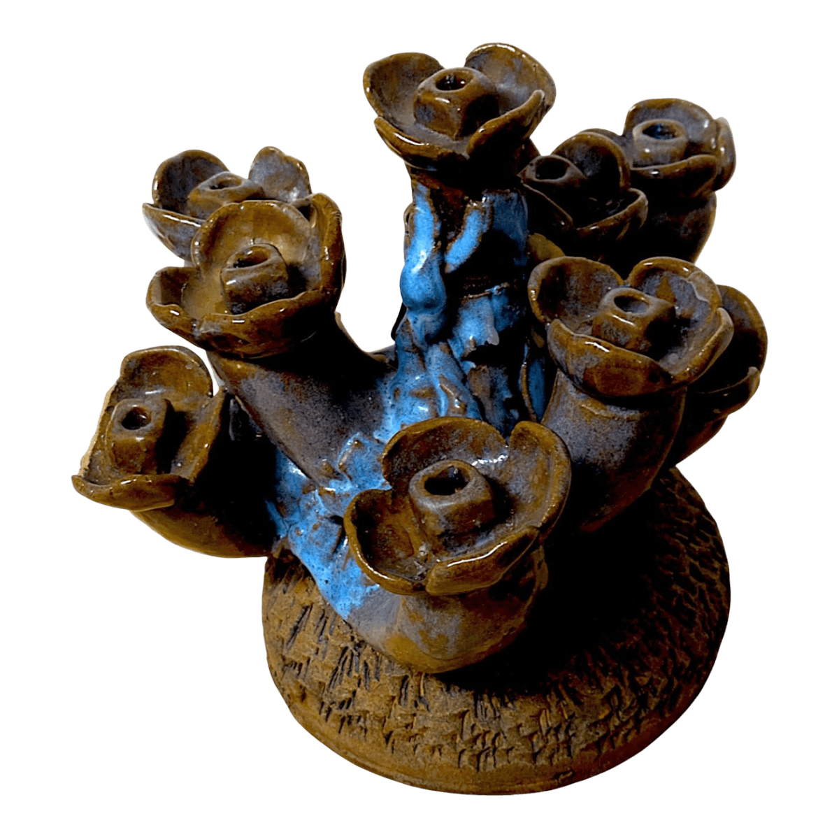 Organic 70s Brutalist Clay Sculpted Earth-Tone and Blue 7 Sprocket Candelabra Style Menorah - Thumbnail 2