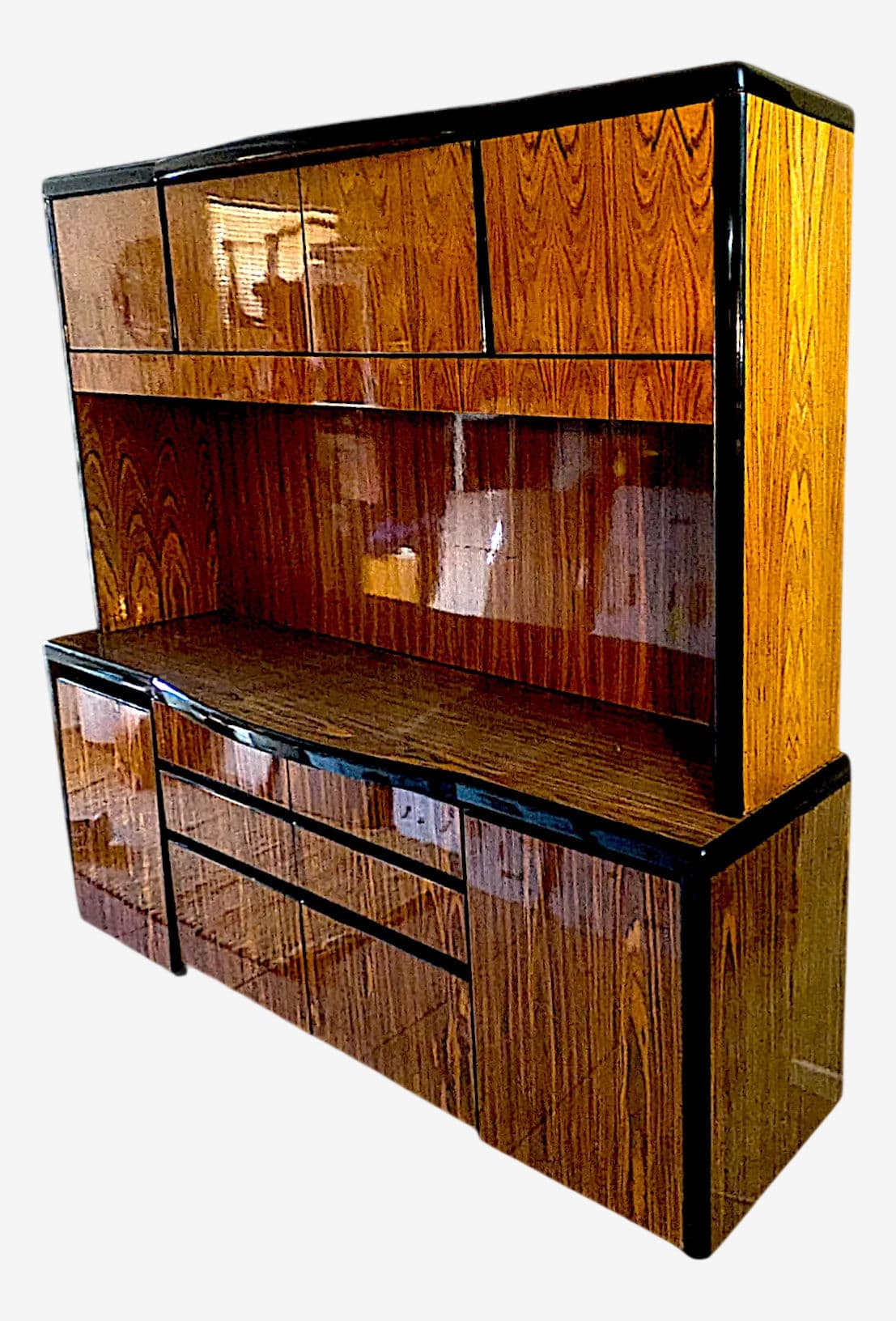 Mid Century Vintage Lacquered Rosewood Veneer Credenza and Hutch Set -2 Pcs. - Image 1