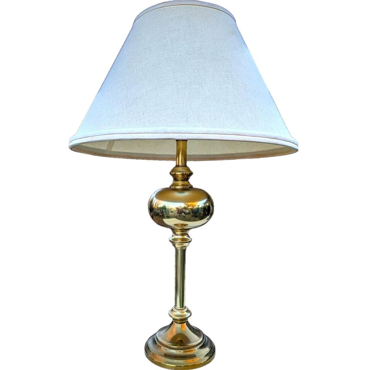 1980s Vintage Empire Style Brass “Saturn” Neo-Classical Fluted Pole Table Lamp and Shade - Thumbnail 4