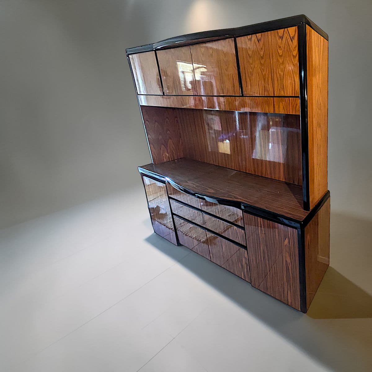 Mid Century Vintage Lacquered Rosewood Veneer Credenza and Hutch Set -2 Pcs. - Thumbnail 6