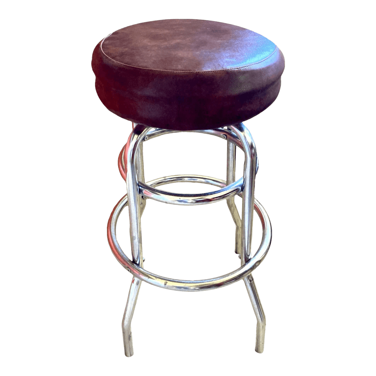 1970s Armless 2 Ring Chrome Swivel Counter Stool With Round Cushioned Seat - Image 1