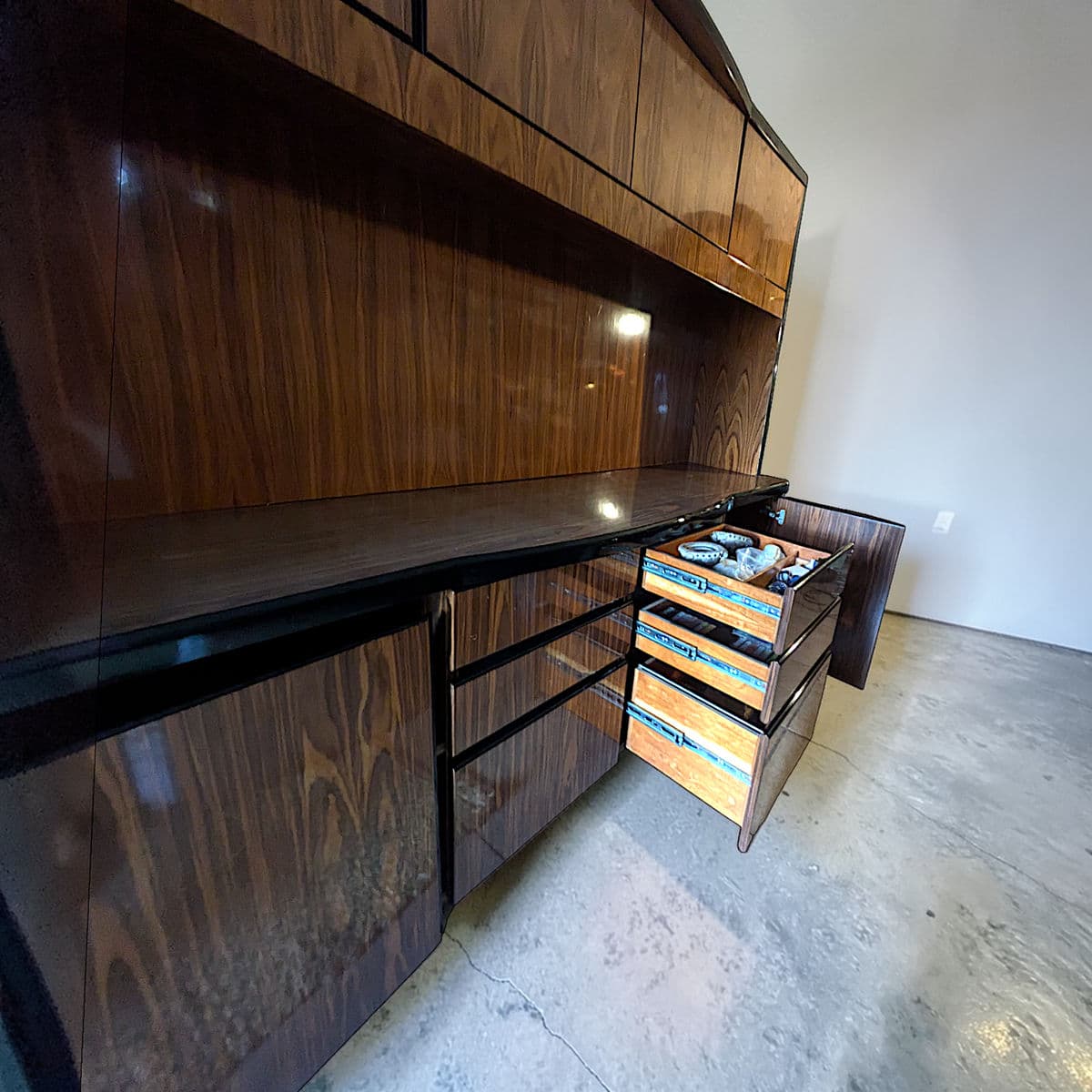 Mid Century Vintage Lacquered Rosewood Veneer Credenza and Hutch Set -2 Pcs. - Thumbnail 9