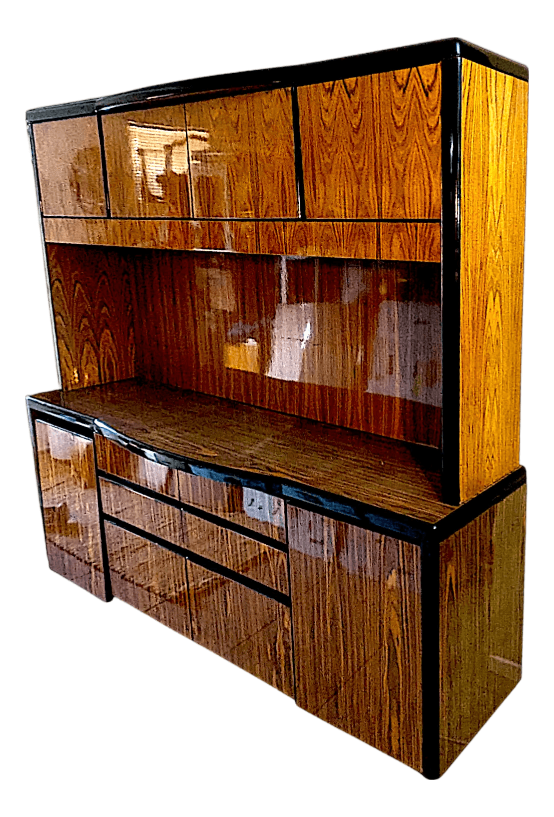 Mid Century Vintage Lacquered Rosewood Veneer Credenza and Hutch Set -2 Pcs. - Thumbnail 2