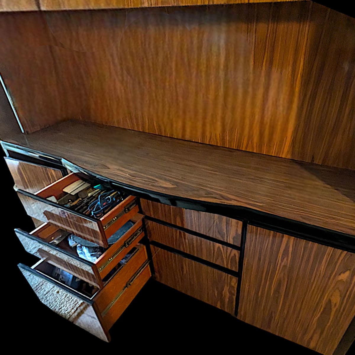 Mid Century Vintage Lacquered Rosewood Veneer Credenza and Hutch Set -2 Pcs. - Thumbnail 8