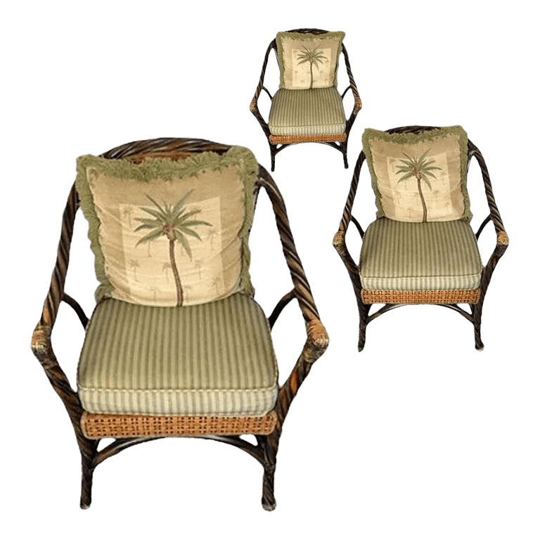 Ebonized Barley Twist Rattan Armchairs With Removeable Seat and Back Cushions - Set 3 - Thumbnail 2