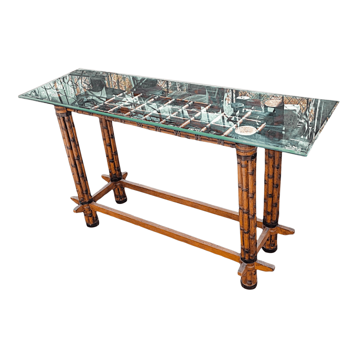 Mid-Century Rattan & Bamboo Console Table in the Manner of McGuire Furniture - Thumbnail 2