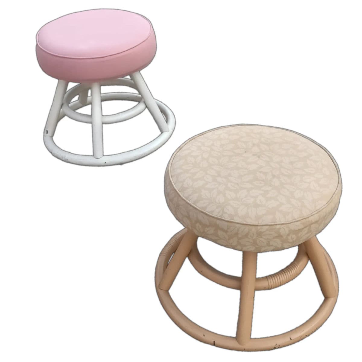 Mid-Century Round Rattan Upholstered Padded Footstool Ottomans - a Pair - Thumbnail 3