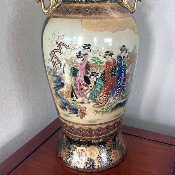 Signed Tall Vintage Mid Century Gilded Satsuma Hand Painted Porcelain Temple Vase Signed - Thumbnail 5