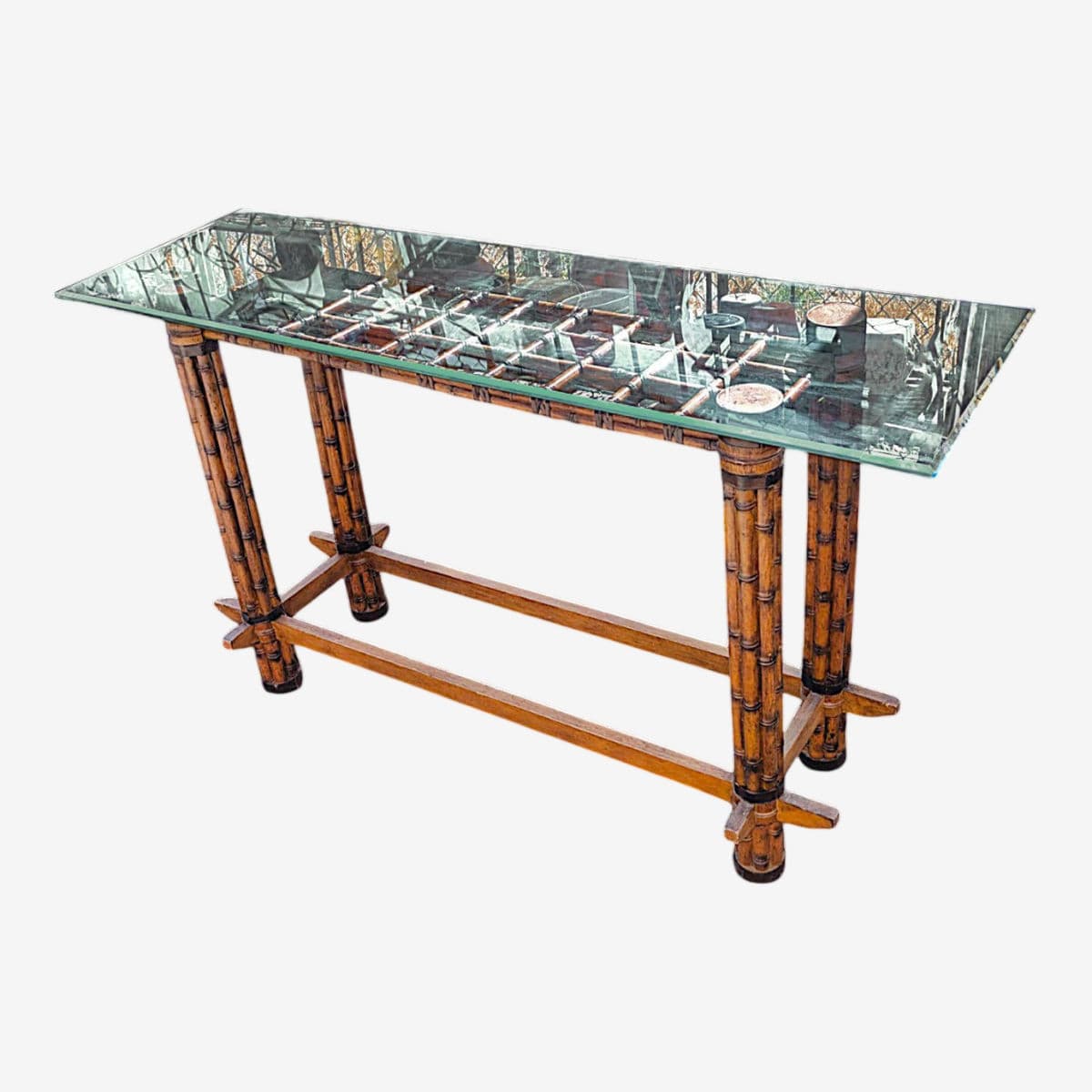 Mid-Century Rattan & Bamboo Console Table in the Manner of McGuire Furniture - Image 1