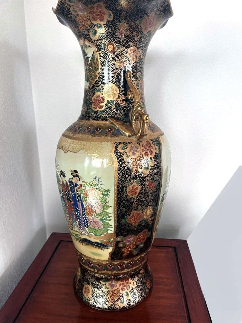 Signed Tall Vintage Mid Century Gilded Satsuma Hand Painted Porcelain Temple Vase Signed - Thumbnail 8