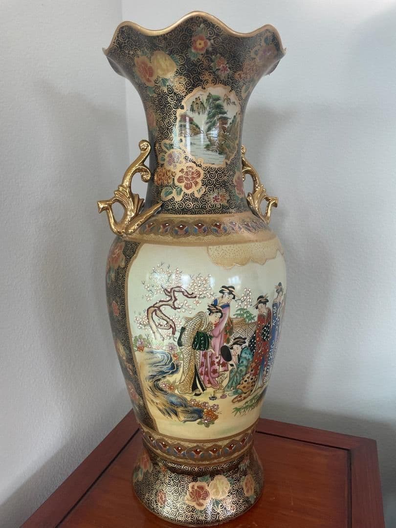 Signed Tall Vintage Mid Century Gilded Satsuma Hand Painted Porcelain Temple Vase Signed - Thumbnail 4