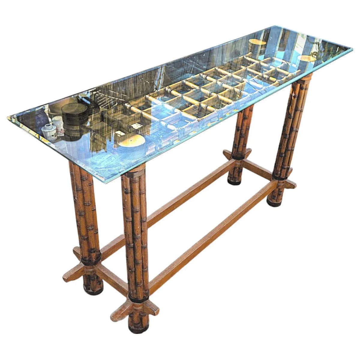 Mid-Century Rattan & Bamboo Console Table in the Manner of McGuire Furniture - Thumbnail 3