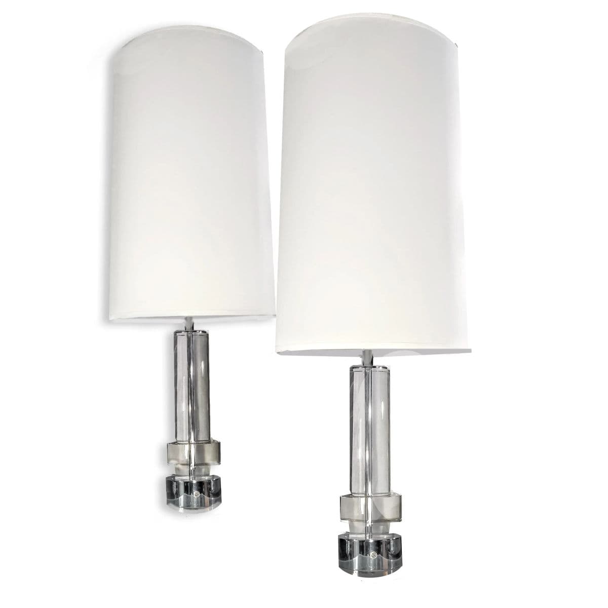 Postmodern Glass & Chrome Column Table Lamps With White Jumbo Drum Lampshades- a Pair - Thumbnail 9