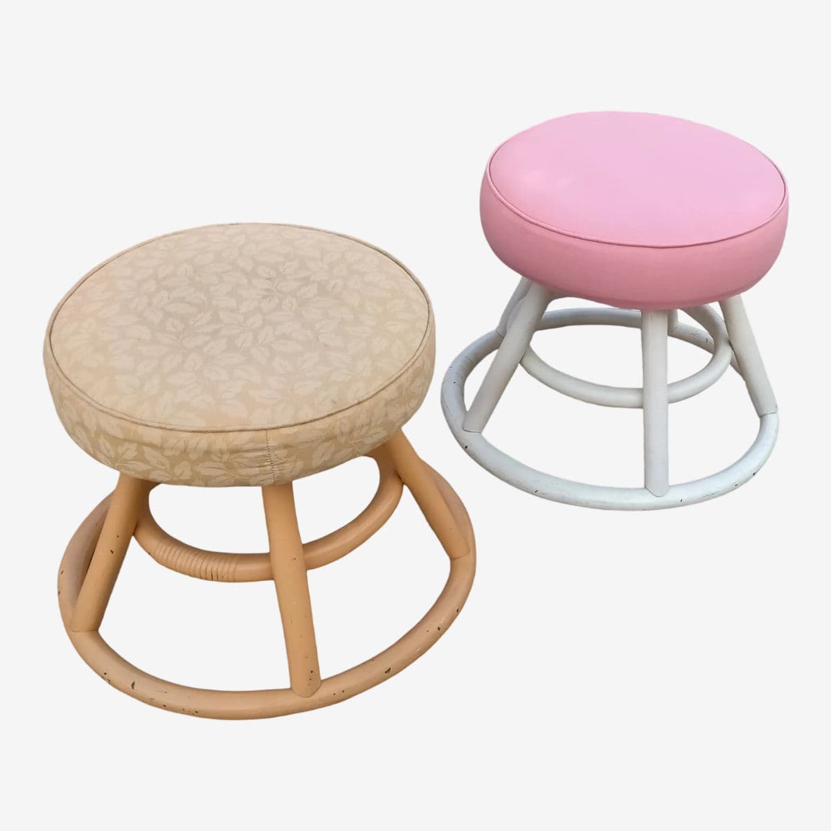 Mid-Century Round Rattan Upholstered Padded Footstool Ottomans - a Pair - Image 1