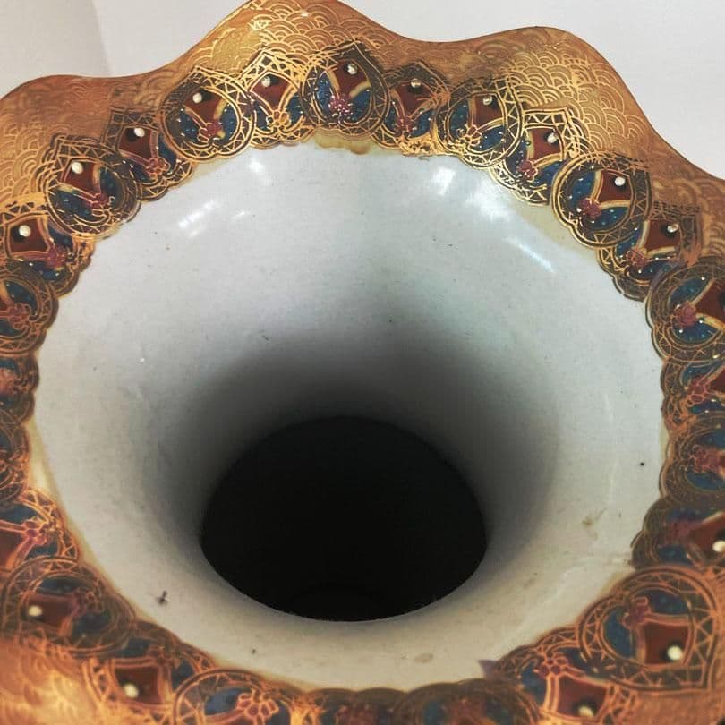 Signed Tall Vintage Mid Century Gilded Satsuma Hand Painted Porcelain Temple Vase Signed - Thumbnail 7