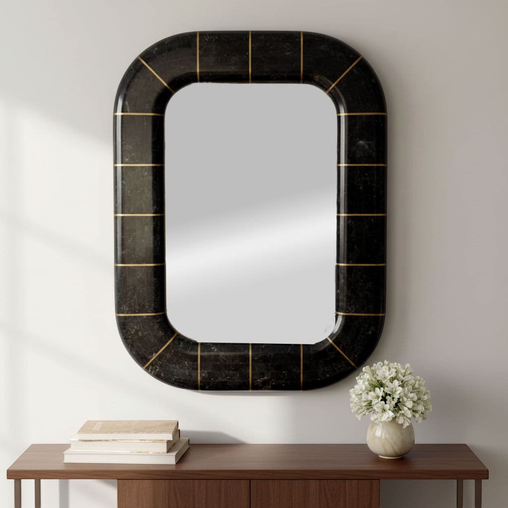 1980s Postmodern Tessellated Stone Wall Mirror Inlaid Brass Spokes Attrib. Maitland-Smith - Thumbnail 9