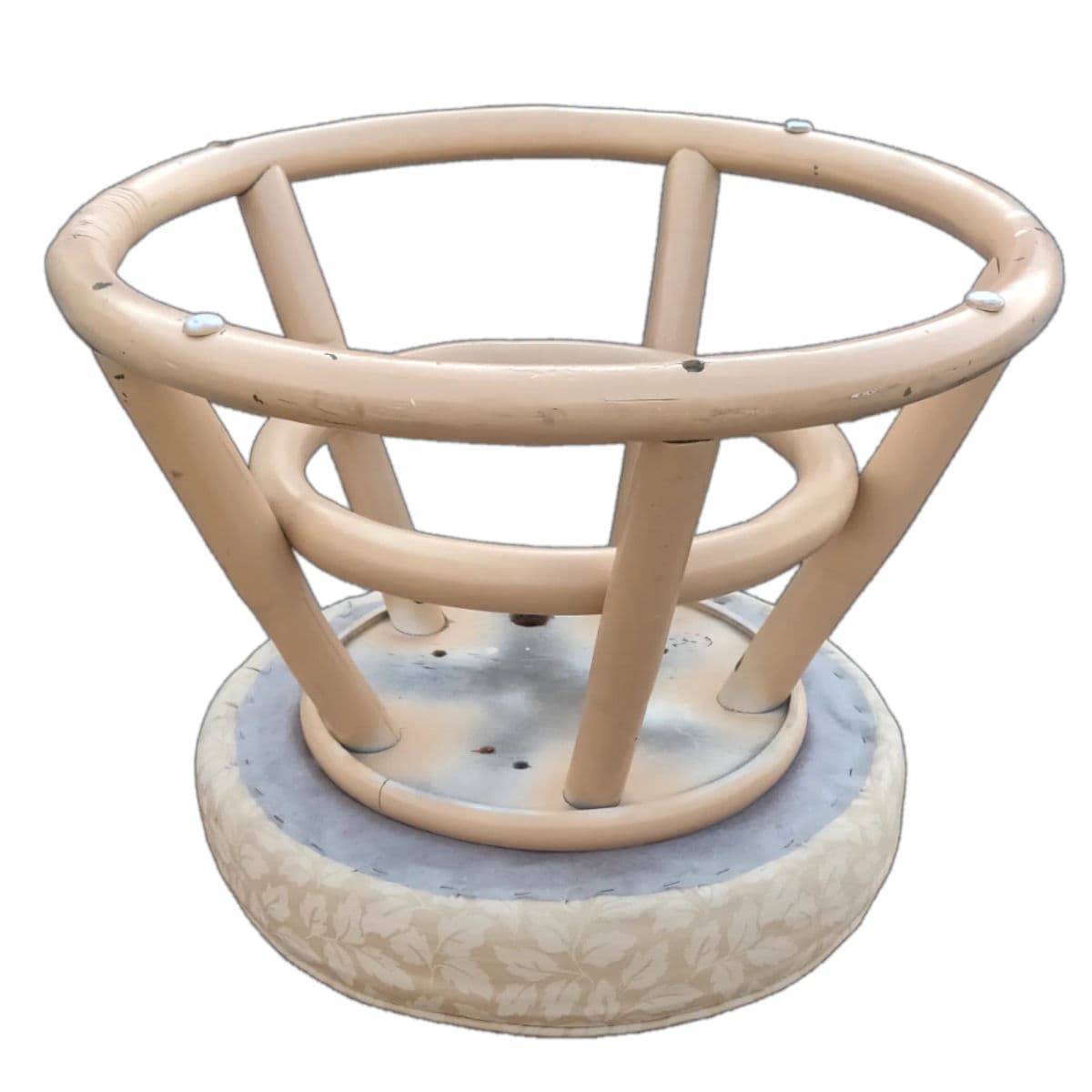 Mid-Century Round Rattan Upholstered Padded Footstool Ottomans - a Pair - Thumbnail 7