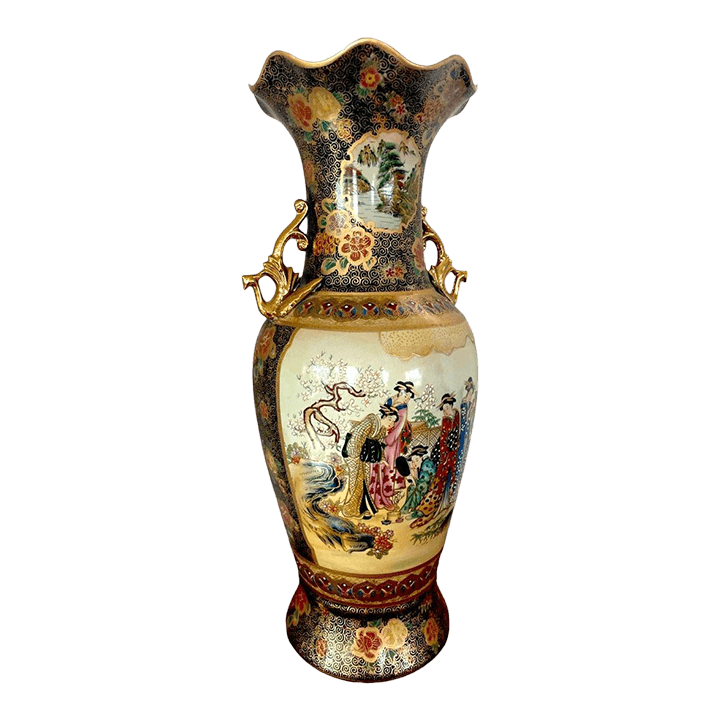 Signed Tall Vintage Mid Century Gilded Satsuma Hand Painted Porcelain Temple Vase Signed - Thumbnail 2