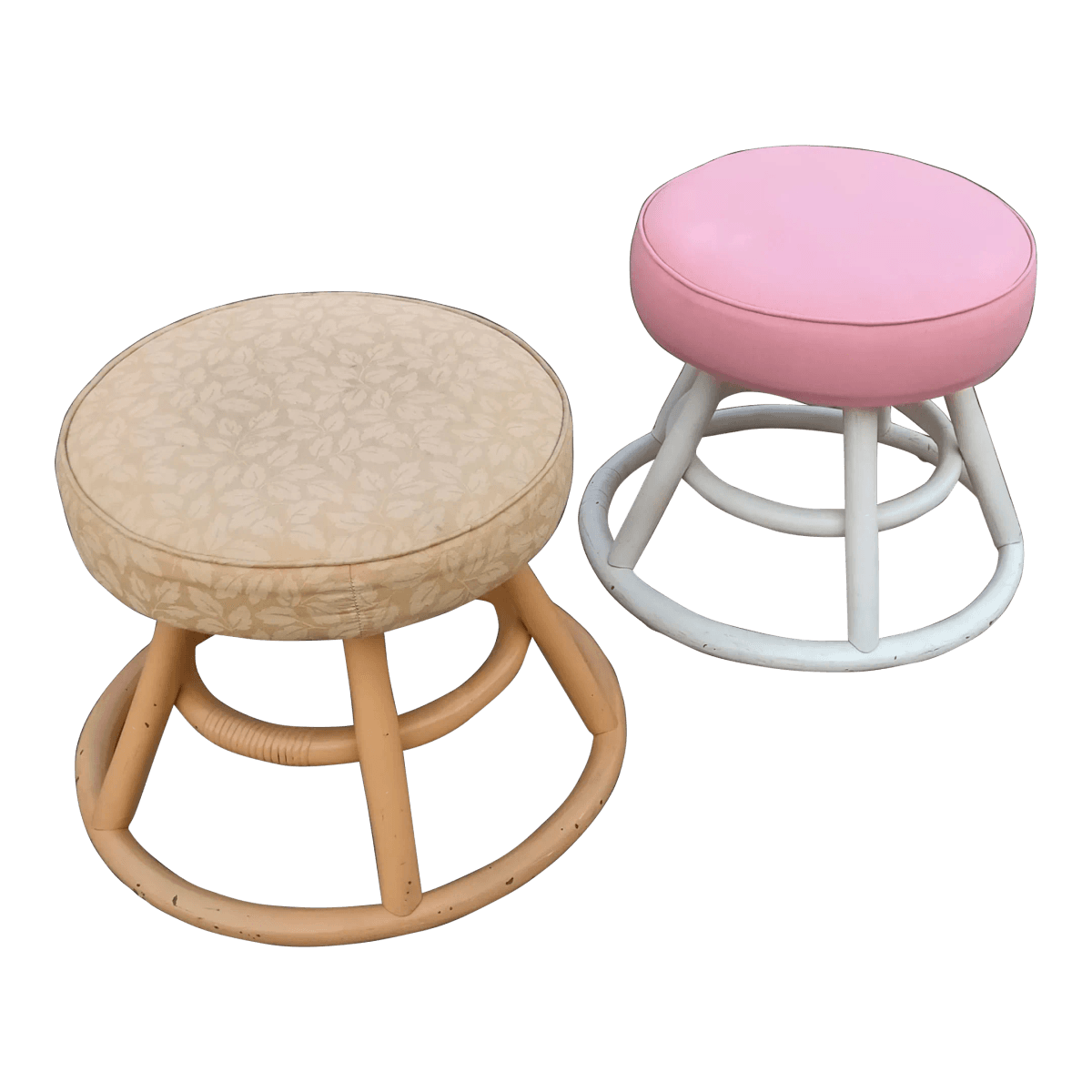 Mid-Century Round Rattan Upholstered Padded Footstool Ottomans - a Pair - Thumbnail 2