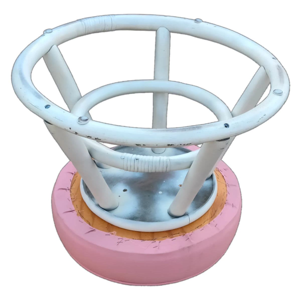 Mid-Century Round Rattan Upholstered Padded Footstool Ottomans - a Pair - Thumbnail 6