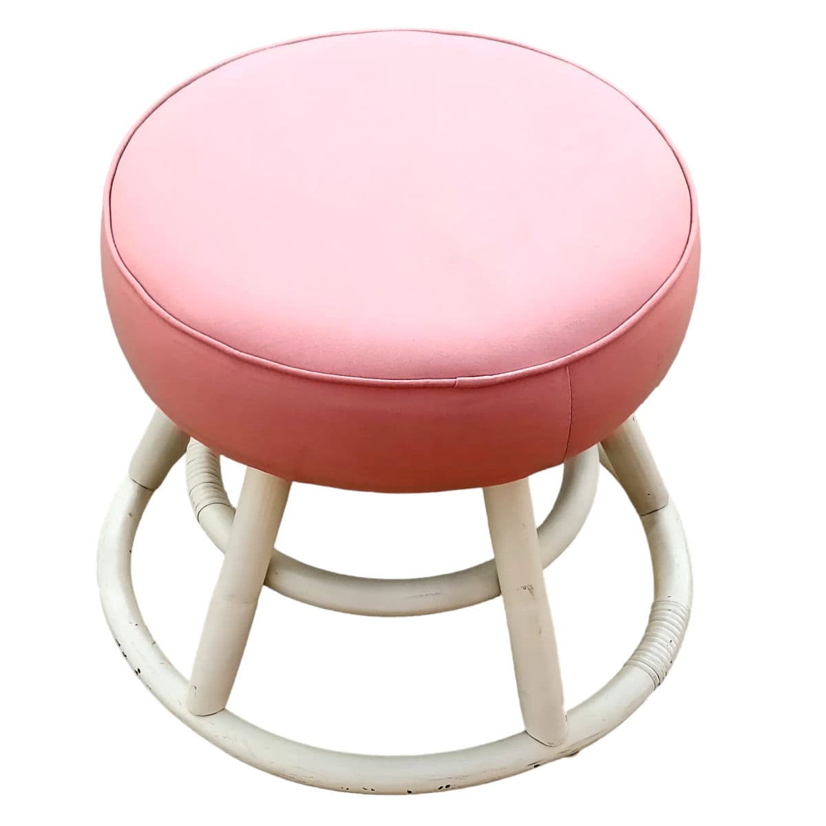 Mid-Century Round Rattan Upholstered Padded Footstool Ottomans - a Pair - Thumbnail 4