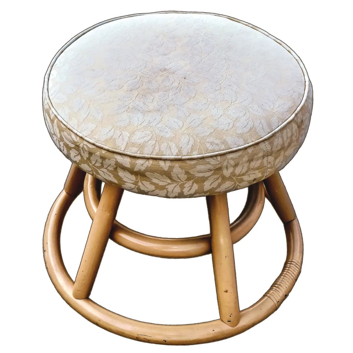 Mid-Century Round Rattan Upholstered Padded Footstool Ottomans - a Pair - Thumbnail 5