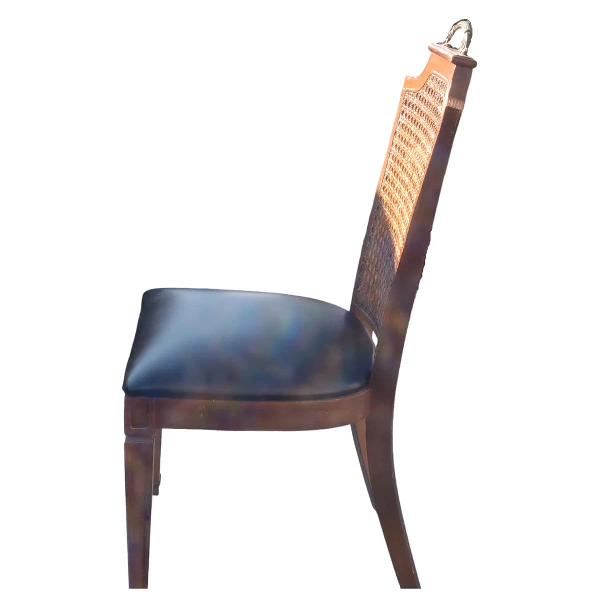 1970s Regency Faux Bamboo Caned Side Chair With Black Upholstered Cushioned Seat - Thumbnail 5