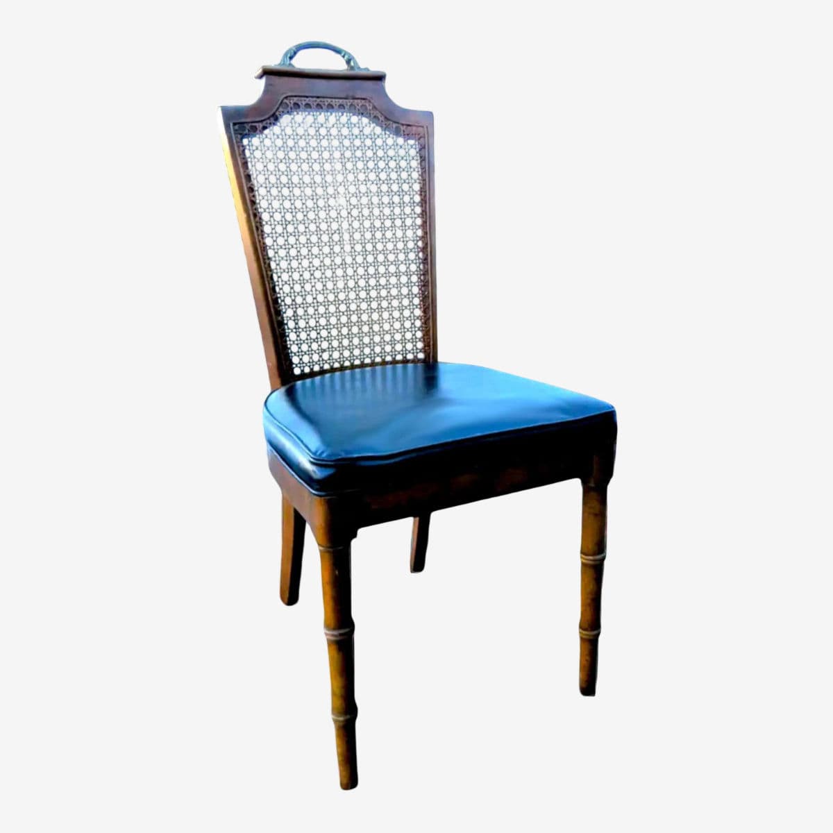1970s Regency Faux Bamboo Caned Side Chair With Black Upholstered Cushioned Seat - Image 1