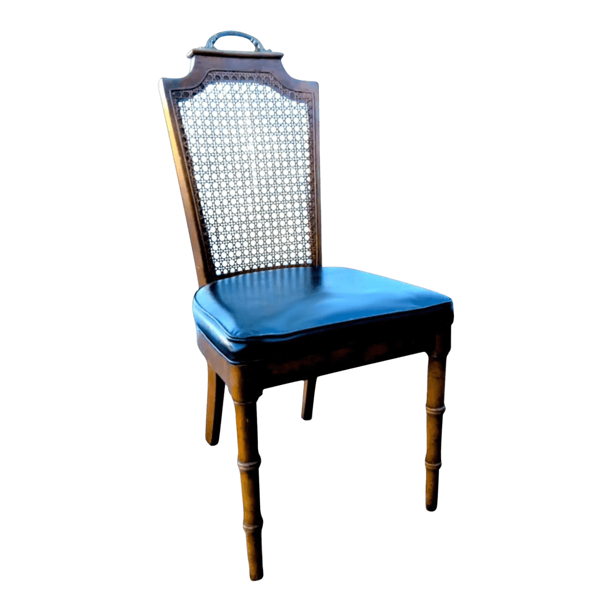 1970s Regency Faux Bamboo Caned Side Chair With Black Upholstered Cushioned Seat - Thumbnail 2