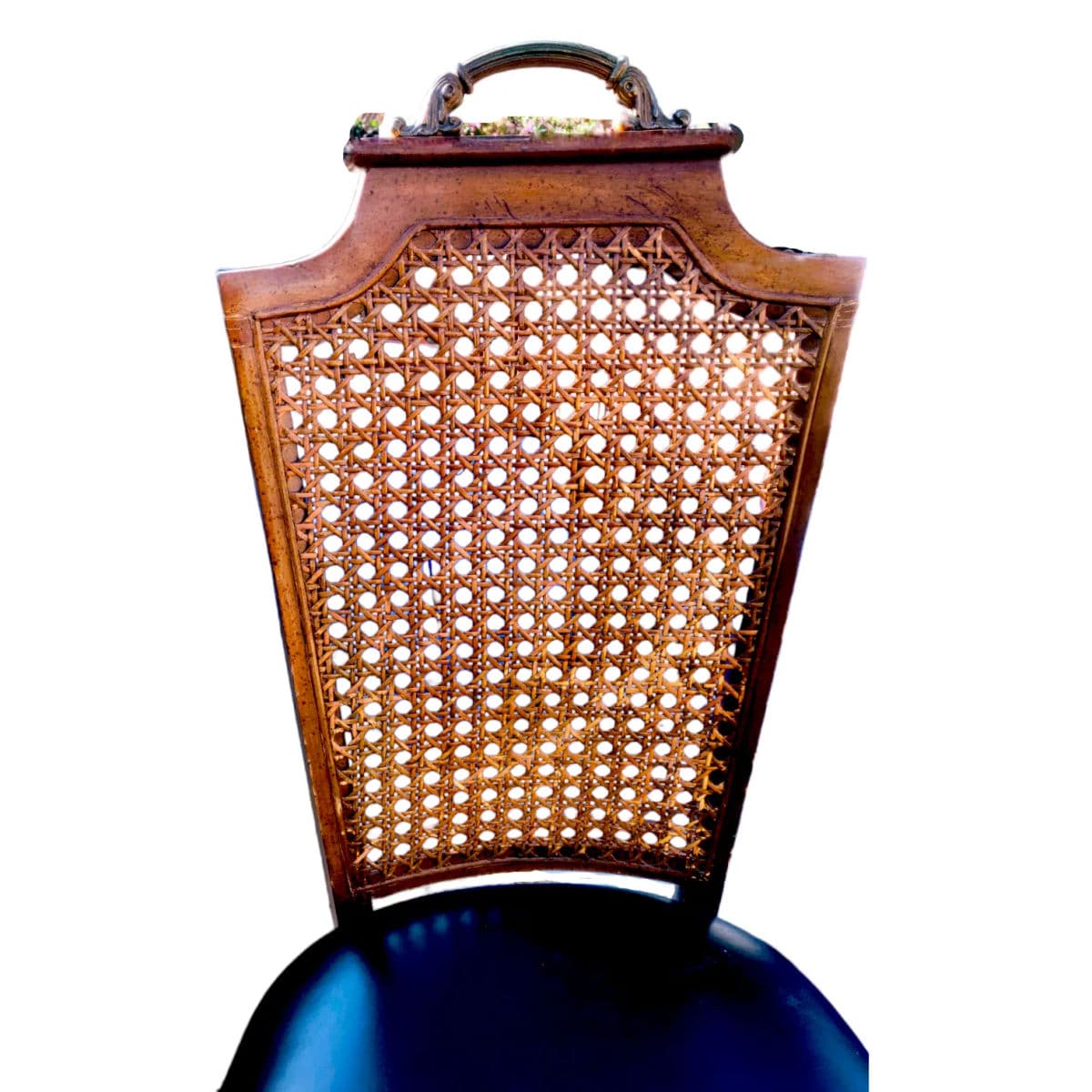 1970s Regency Faux Bamboo Caned Side Chair With Black Upholstered Cushioned Seat - Thumbnail 9