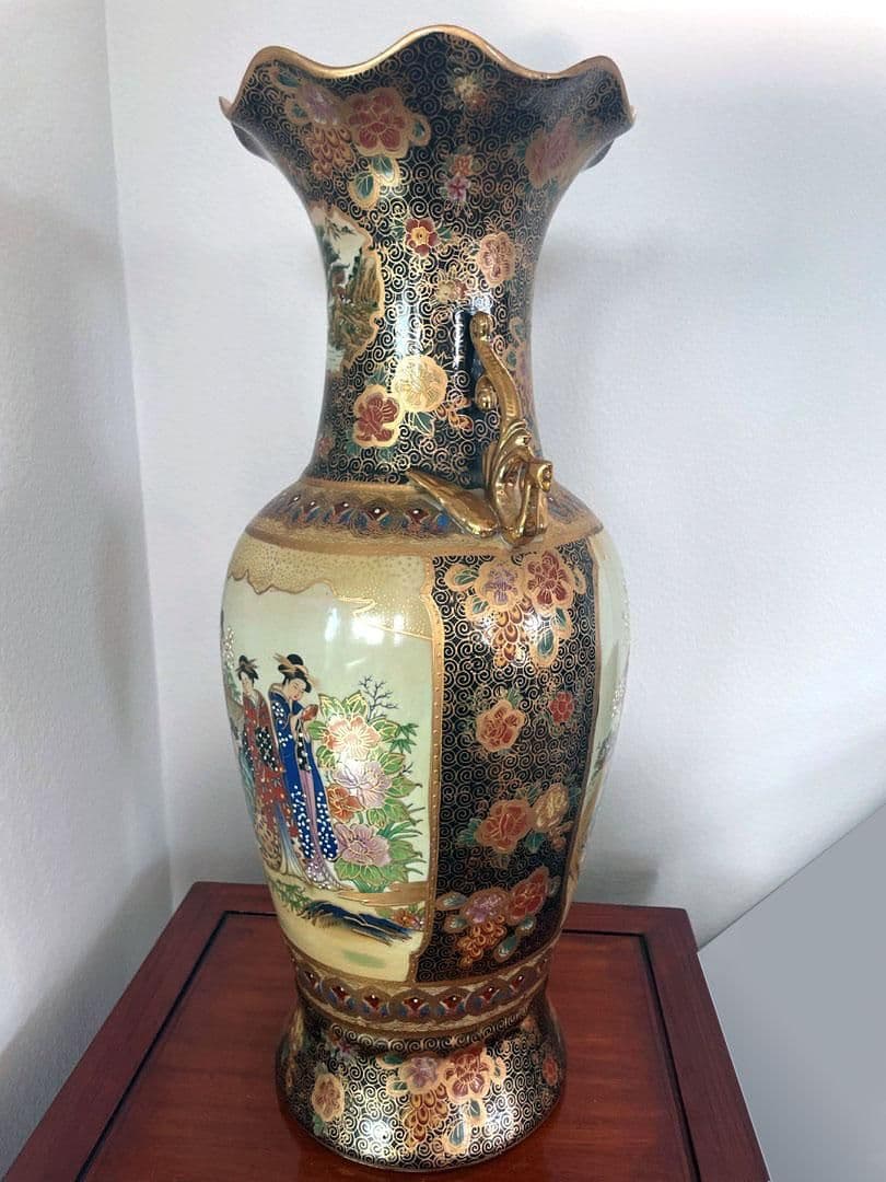 Signed Tall Vintage Mid Century Gilded Satsuma Hand Painted Porcelain Temple Vase Signed - Thumbnail 3