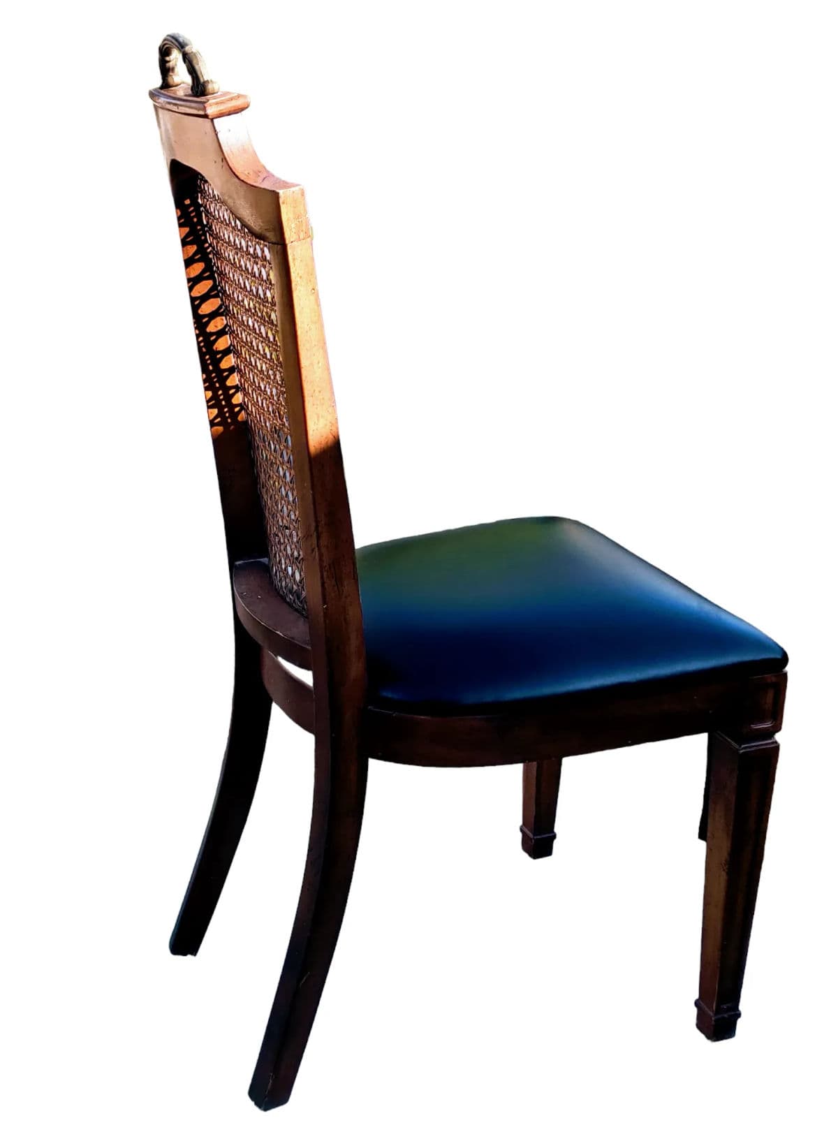 1970s Regency Faux Bamboo Caned Side Chair With Black Upholstered Cushioned Seat - Thumbnail 6