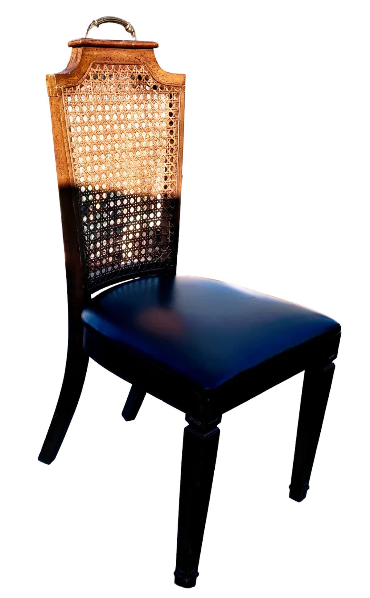 1970s Regency Faux Bamboo Caned Side Chair With Black Upholstered Cushioned Seat - Thumbnail 7