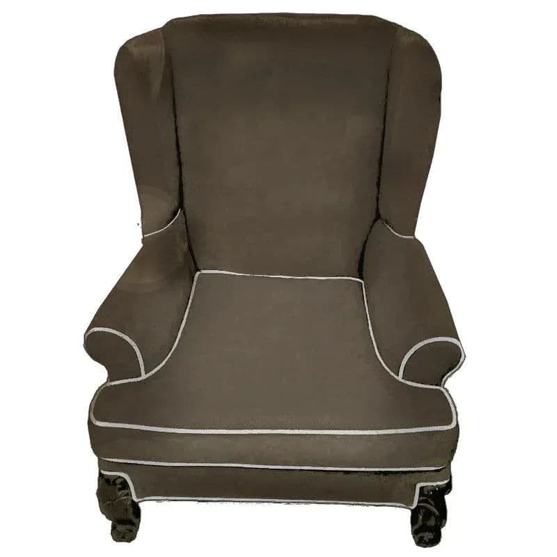 Classic Wingback Lounge Chair Upholstered in Brown & Gray Herringbone and Cream Piping - Thumbnail 9