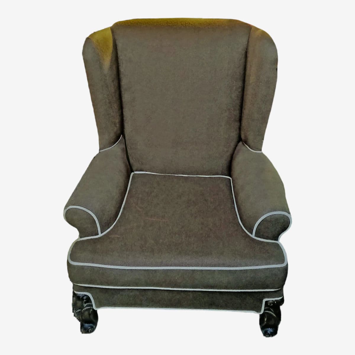Classic Wingback Lounge Chair Upholstered in Brown & Gray Herringbone and Cream Piping - Image 1