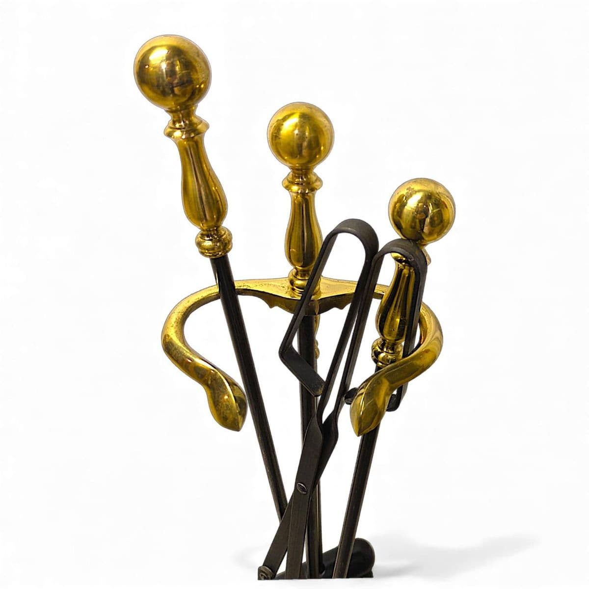 Black Iron and Polished Brass Neoclassical Fireplace Grooming Tools - Set of 5 - Thumbnail 8